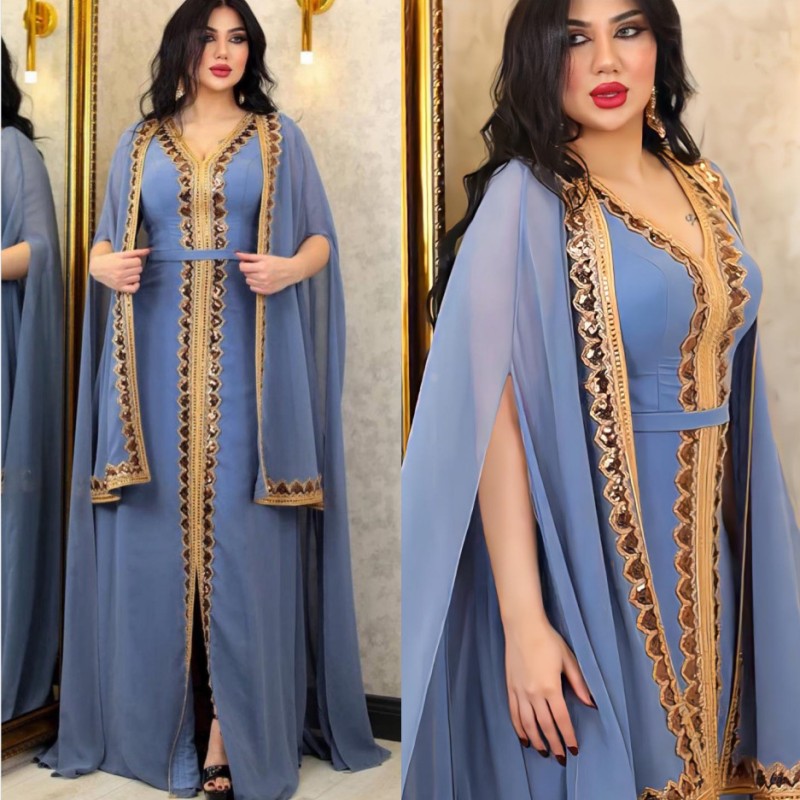 الملابس العربية, عباية نسائية بحزام مطرزة باردان من الشيفون من قطعتين الملابس العربية, عباية نسائية بحزام مطرزة باردان من الشيفون من قطعتين