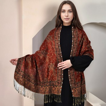 وشاح طويل من البوليسترمطرزًا بأزرار ومهدب, متعدد الاستخدامات لون احمر