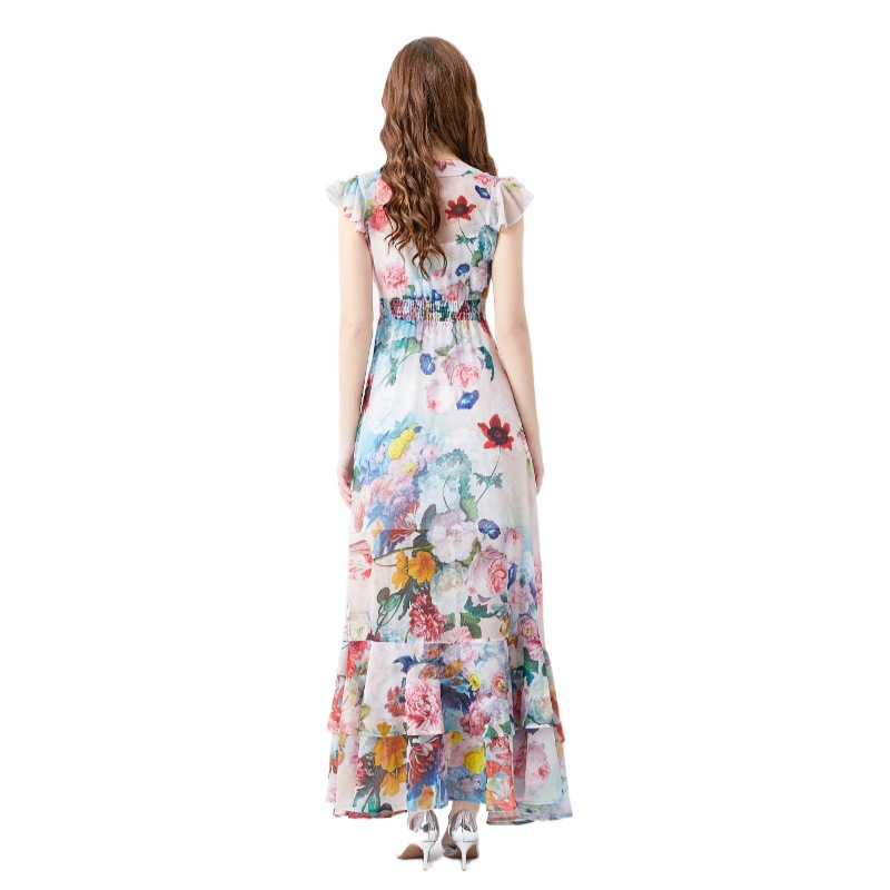 فستان نسائي جديد قصير الأكمام مطبوع من الحرير الصناعي الشبيه بالحرير الجليدي، بتصميم فرنسي كلاسيكي أنيق ومناسب للشاطئ، تنورة طويلة