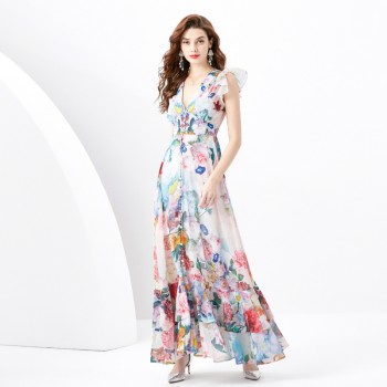 2024 الربيع والصيف - الأكمام الفوهة العميقة ذات العنق العميق مع حواف متموجة ولباس طويل مطبوع