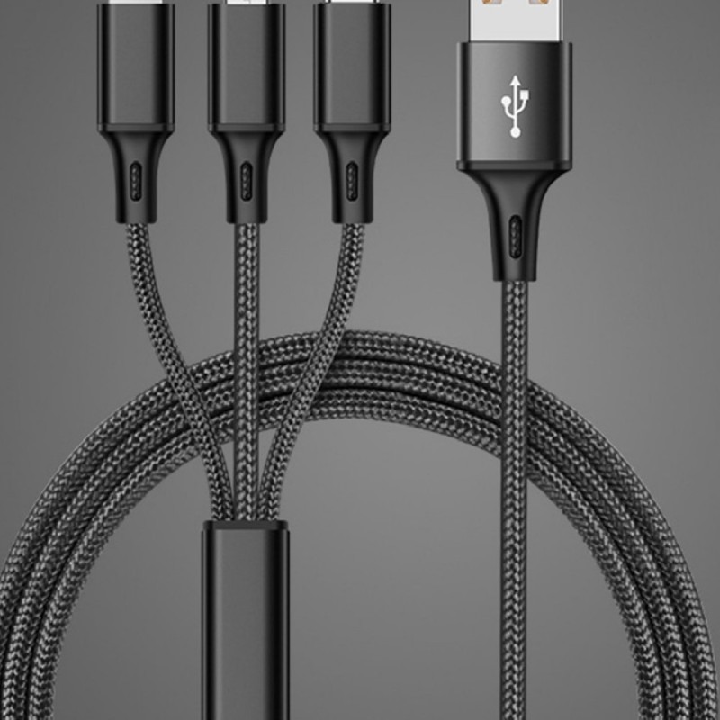 كابل بيانات واحد إلى ثلاثة بيانات USB مضفر سريع الشحن للهاتف المحمول متعدد الوظائف متعدد الوظائف كابل بيانات واحد إلى ثلاثة بيانات USB مضفر سريع الشحن للهاتف المحمول متعدد الوظائف متعدد الوظائف
