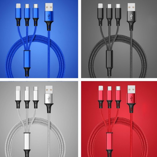 كابل بيانات واحد إلى ثلاثة بيانات USB مضفر سريع الشحن للهاتف المحمول متعدد الوظائف متعدد الوظائف