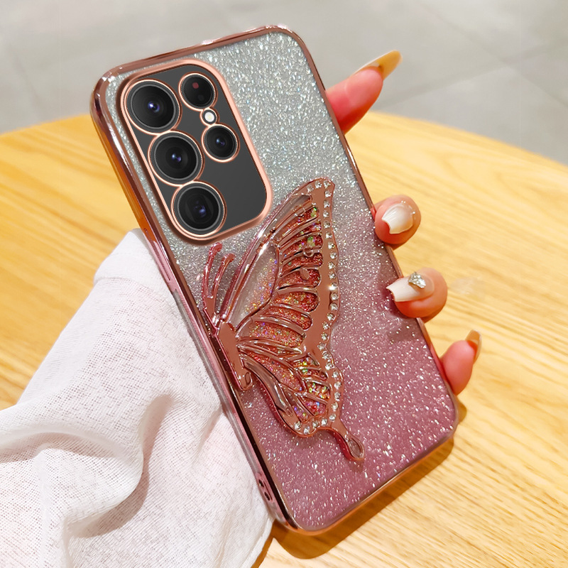 مناسبة لـ Samsung S25ultra Phone Case A17 Plated Flash Powder S24 Diamond Inlay A36 Quicksand Butterfly Stand A53 مناسبة لـ Samsung S25ultra Phone Case A17 Plated Flash Powder S24 Diamond Inlay A36 Quicksand Butterfly Stand A53
