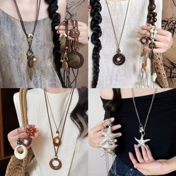 زن الصينية الجديدة قلادة من النحاس ريشة البوهيمي الرياح الوطنية للمرأة طبقة مزدوجة مطوية طويلة سترة سلسلة التبعي