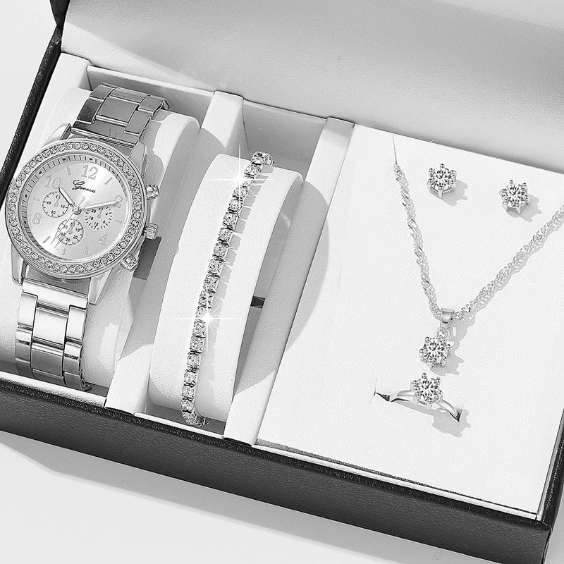 طقم من 5 قطع من ساعات نسائية من الفولاذ  بثلاث عيون للنساء بتصميم كوري كاجوال (علبة برتقالية) طقم من 5 قطع من ساعات نسائية من الفولاذ  بثلاث عيون للنساء بتصميم كوري كاجوال (علبة برتقالية)