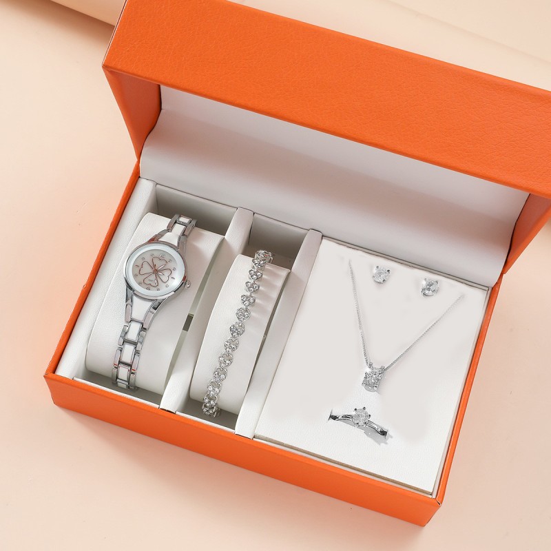 طقم من 5 قطع من ساعات نسائية من الفولاذ  بثلاث عيون للنساء بتصميم كوري كاجوال (علبة برتقالية) طقم من 5 قطع من ساعات نسائية من الفولاذ  بثلاث عيون للنساء بتصميم كوري كاجوال (علبة برتقالية)