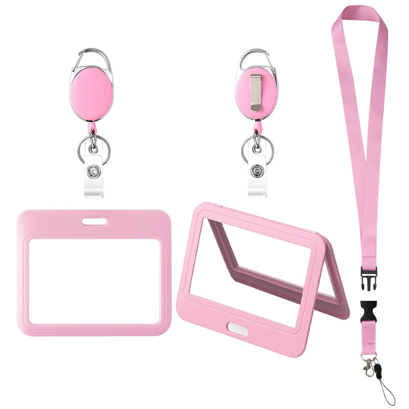 مجموعة بطاقات عمل شفافة مزدوجة الجوانب مزودة بحبل تعليق ومشبك تلسكوبي للرقبة، وشارة صدر للموظف، ومجموعة بطاقات حافلة