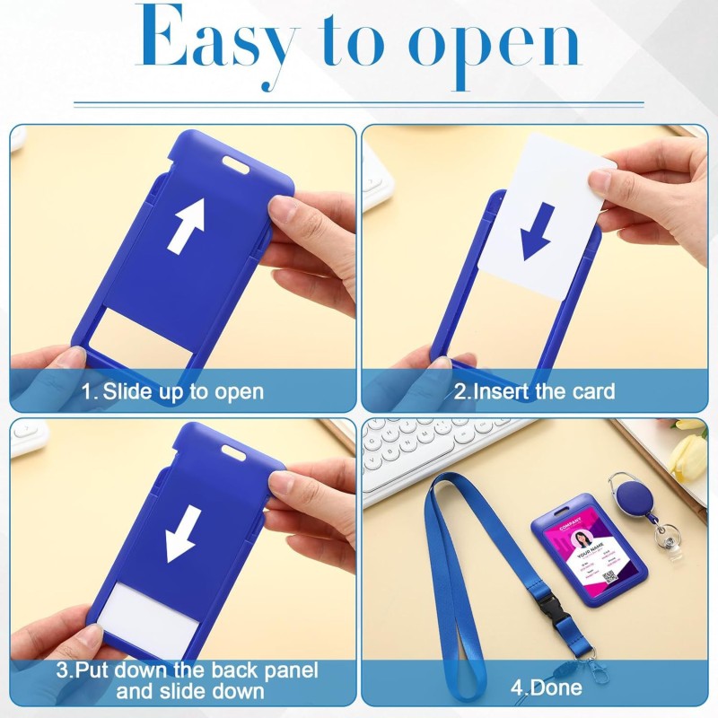 غطاء منزلق من البلاستيك ABS لصندوق وثائق الهوية ومجموعة البطاقات وإبزيم داخلي وحبل تعليق مع مشبك تمدد بيضاوي