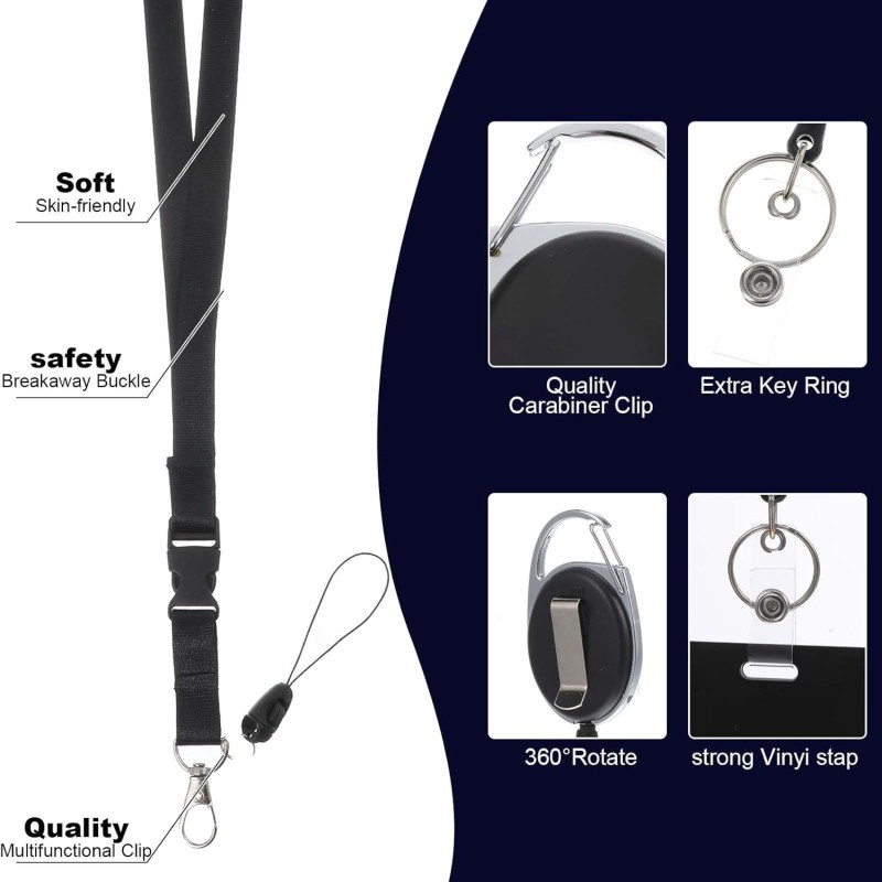 لفافة شارة مع مشبك قابل للتوسيع وسهل السحب، مشبك خلفي بيضاوي سهل السحب، غلاف بطاقة هوية عمودي، حبل تعليق للرقبة