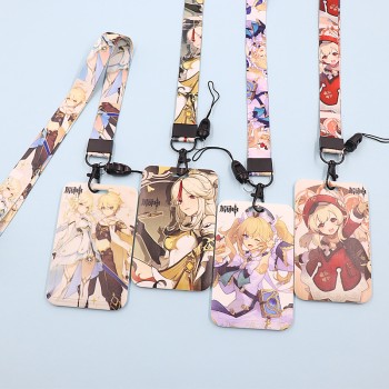حامل بطاقات الطالب بغطاء منزلق بنمط رسوم متحركة من Genshin Impact مع حبل معلق وبطاقة مدرسية وبطاقة وجبة وبطاقة عمل وحامل بطاقات دخول