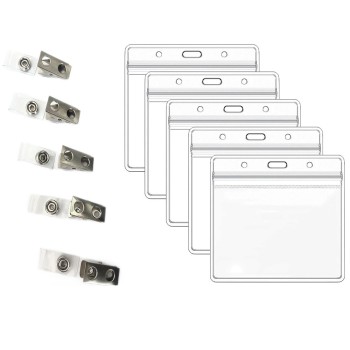 جراب بطاقة هوية شفاف مقاوم للماء بمشبك مزدوج الفتحات 4 × 3 بوصات جراب بطاقة عمل من مادة البولي فينيل كلوريد جراب بطاقة عمل ماركة