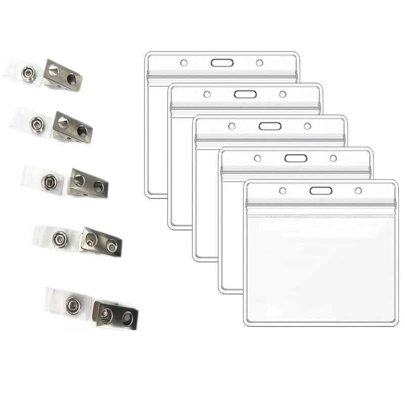 جراب بطاقة هوية شفاف مقاوم للماء بمشبك مزدوج الفتحات 4 × 3 بوصات جراب بطاقة عمل من مادة البولي فينيل كلوريد جراب بطاقة عمل ماركة