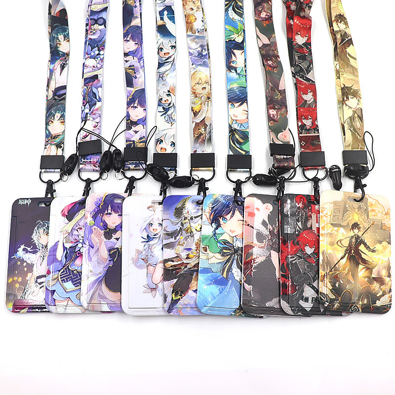 حامل بطاقات الطالب بغطاء منزلق بنمط رسوم متحركة من Genshin Impact مع حبل معلق وبطاقة مدرسية وبطاقة وجبة وبطاقة عمل وحامل بطاقات دخول