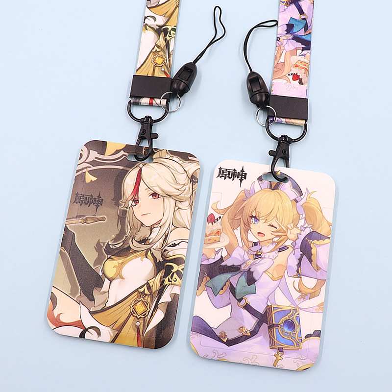حامل بطاقات الطالب بغطاء منزلق بنمط رسوم متحركة من Genshin Impact مع حبل معلق وبطاقة مدرسية وبطاقة وجبة وبطاقة عمل وحامل بطاقات دخول