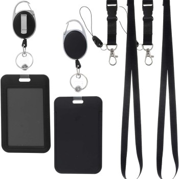 لفافة شارة مع مشبك قابل للتوسيع وسهل السحب، مشبك خلفي بيضاوي سهل السحب، غلاف بطاقة هوية عمودي، حبل تعليق للرقبة