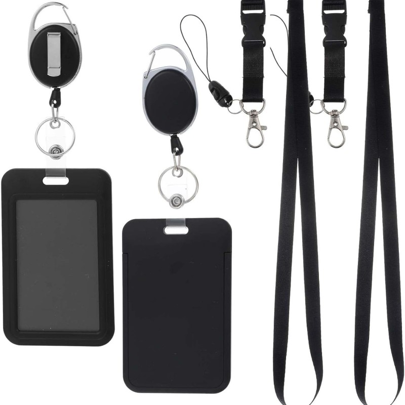لفافة شارة مع مشبك قابل للتوسيع وسهل السحب، مشبك خلفي بيضاوي سهل السحب، غلاف بطاقة هوية عمودي، حبل تعليق للرقبة