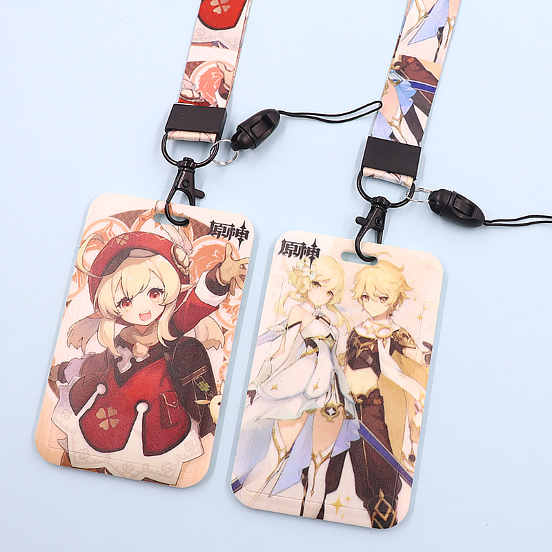 حامل بطاقات الطالب بغطاء منزلق بنمط رسوم متحركة من Genshin Impact مع حبل معلق وبطاقة مدرسية وبطاقة وجبة وبطاقة عمل وحامل بطاقات دخول