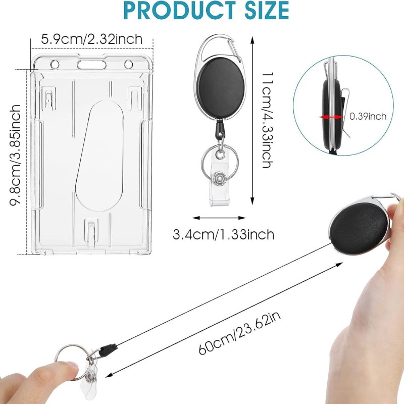 سلسلة مفاتيح متينة قابلة للسحب مزودة بزر سحب سهل وفتحتين للبطاقات وحافظة لبطاقة الهوية وحافظة صلبة للبطاقات