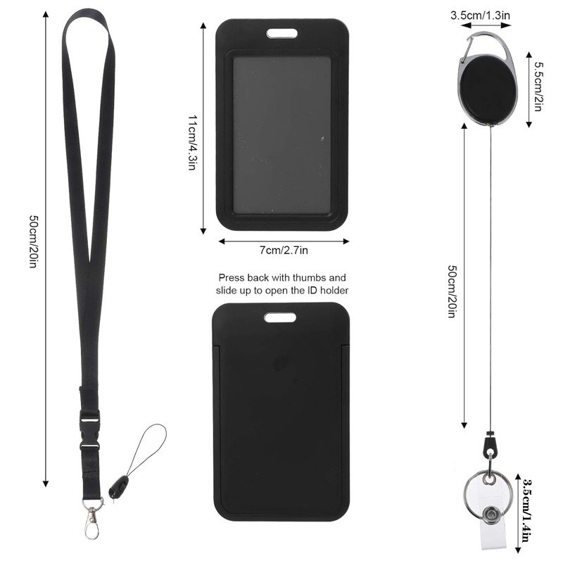 لفافة شارة مع مشبك قابل للتوسيع وسهل السحب، مشبك خلفي بيضاوي سهل السحب، غلاف بطاقة هوية عمودي، حبل تعليق للرقبة