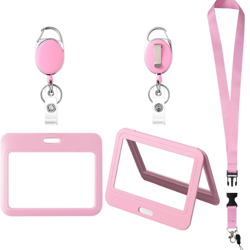 مجموعة بطاقات عمل شفافة مزدوجة الجوانب مزودة بحبل تعليق ومشبك تلسكوبي للرقبة، وشارة صدر للموظف، ومجموعة بطاقات حافلة