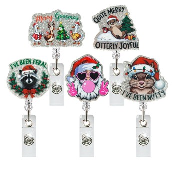 شارة عيد الميلاد المزخرفة بشعار الراكون والهامستر وثعلب الماء سهلة السحب ومشبك تعريف طبي دوار قابل للسحب ومشبك سهل السحب