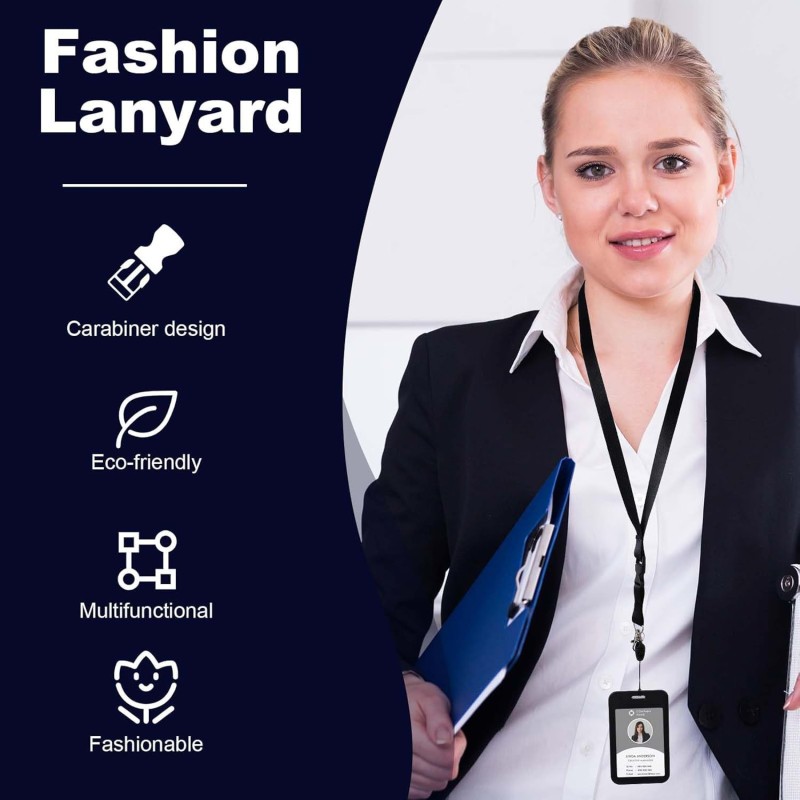 لفافة شارة مع مشبك قابل للتوسيع وسهل السحب، مشبك خلفي بيضاوي سهل السحب، غلاف بطاقة هوية عمودي، حبل تعليق للرقبة