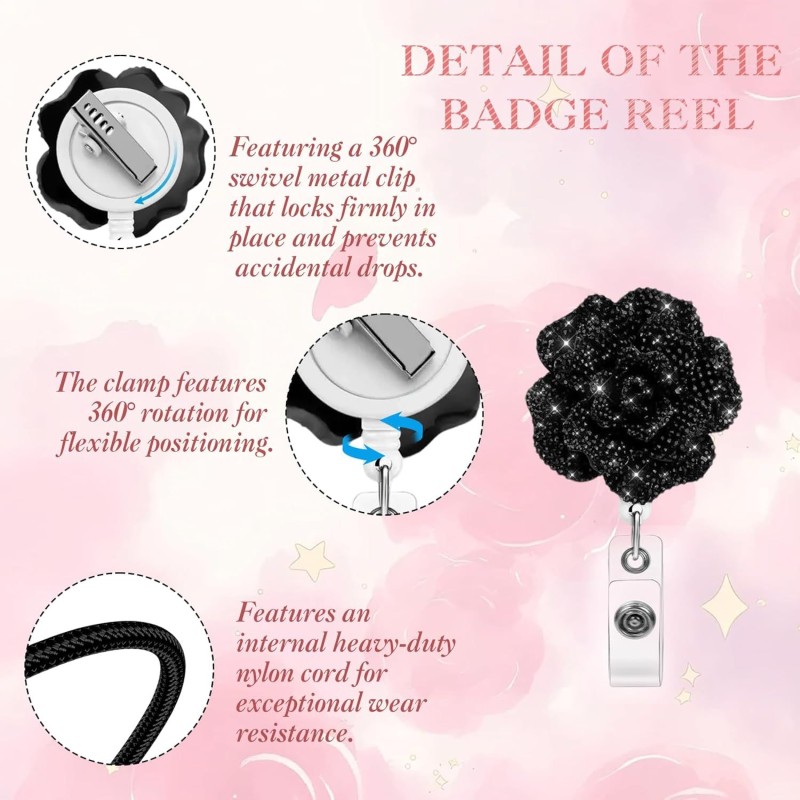 مشبك سهل السحب على شكل وردة من الراتنج، مشبك قابل للسحب بزاوية 360 درجة، سلسلة مفاتيح حبلية معلقة على شكل زهرة