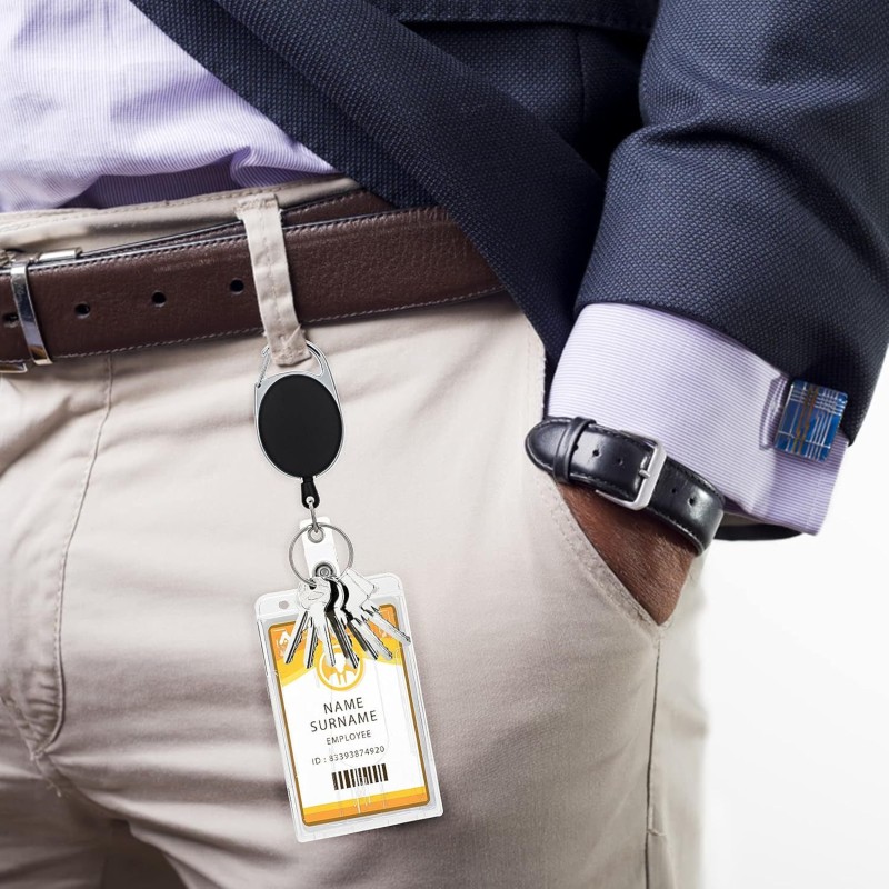 سلسلة مفاتيح متينة قابلة للسحب مزودة بزر سحب سهل وفتحتين للبطاقات وحافظة لبطاقة الهوية وحافظة صلبة للبطاقات