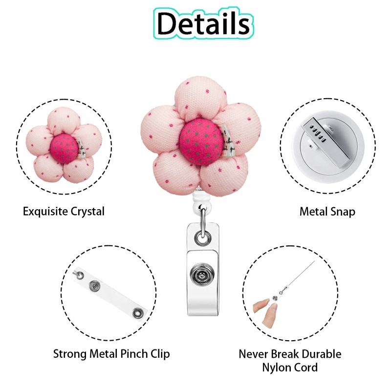 مشبك قابل للسحب من القماش مع زهرة حمراء صغيرة منقطة، سهل السحب بزاوية 360 درجة، شارة طبيب وممرضة وطالب