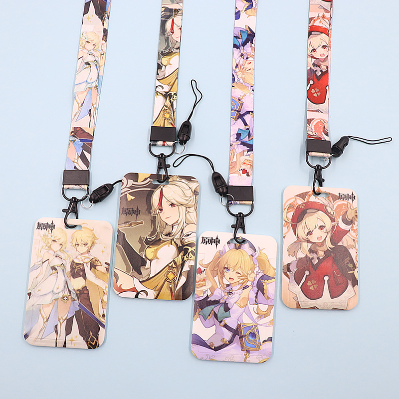 حامل بطاقات الطالب بغطاء منزلق بنمط رسوم متحركة من Genshin Impact مع حبل معلق وبطاقة مدرسية وبطاقة وجبة وبطاقة عمل وحامل بطاقات دخول