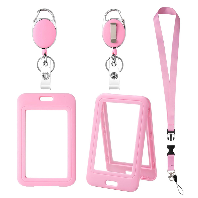 مجموعة بطاقات عمل شفافة مزدوجة الجوانب مزودة بحبل تعليق ومشبك تلسكوبي للرقبة، وشارة صدر للموظف، ومجموعة بطاقات حافلة