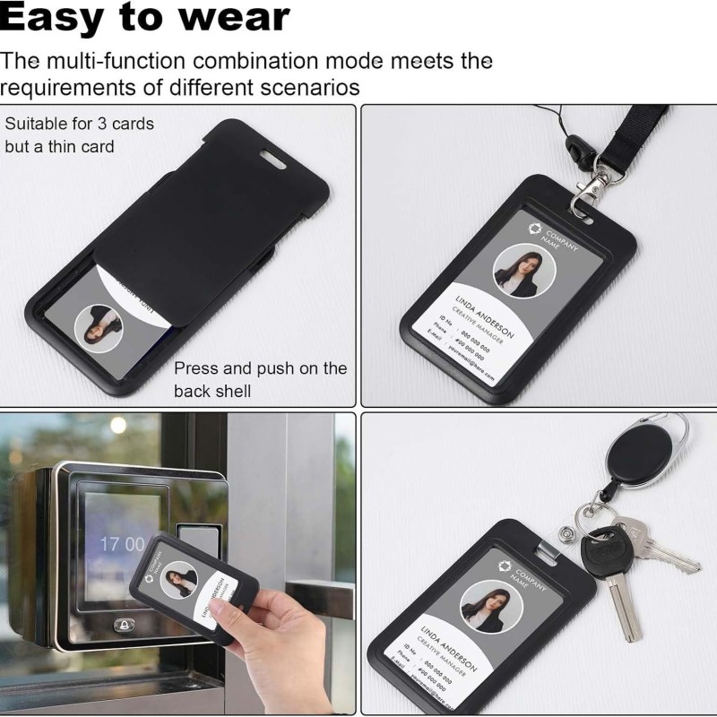 لفافة شارة مع مشبك قابل للتوسيع وسهل السحب، مشبك خلفي بيضاوي سهل السحب، غلاف بطاقة هوية عمودي، حبل تعليق للرقبة