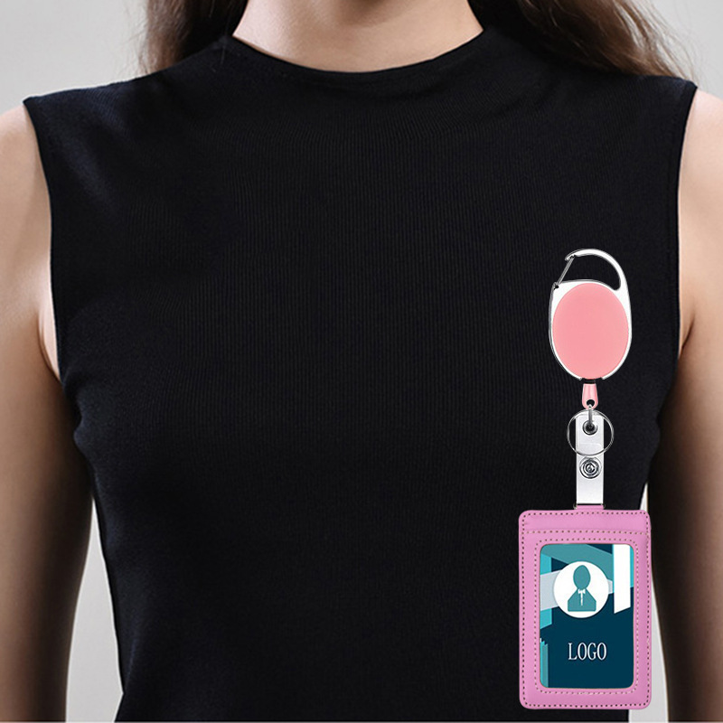 حامل بطاقة هوية من الجلد الصناعي بلون موحد، مشبك بيضاوي من سبائك الزنك سهل السحب، مشبك بطاقة هوية متعدد الاستخدامات، حامل بطاقة هوية