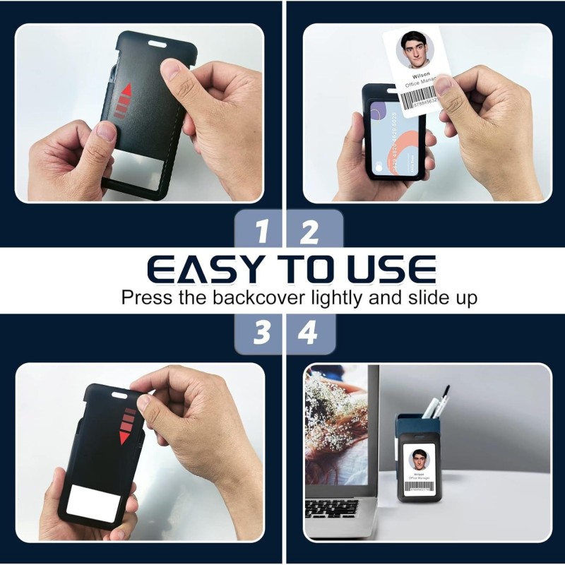 حامل بطاقة هوية بغطاء منزلق أسود من مادة ABS مع حزام هاتف بإبزيم