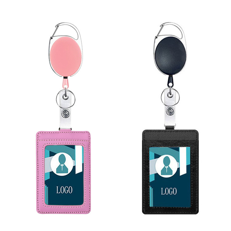 حامل بطاقة هوية من الجلد الصناعي بلون موحد، مشبك بيضاوي من سبائك الزنك سهل السحب، مشبك بطاقة هوية متعدد الاستخدامات، حامل بطاقة هوية