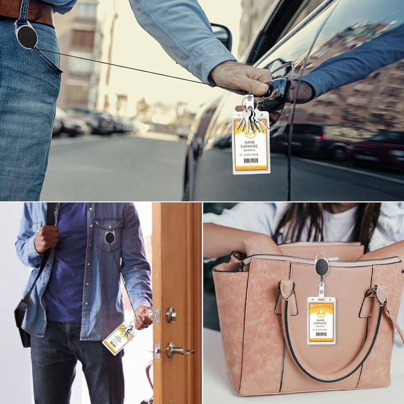 سلسلة مفاتيح متينة قابلة للسحب مزودة بزر سحب سهل وفتحتين للبطاقات وحافظة لبطاقة الهوية وحافظة صلبة للبطاقات