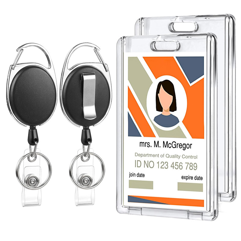 غطاء بطاقة أكريليك شفاف واقٍ لبطاقة الهوية للعمل مع مشبك قابل للسحب