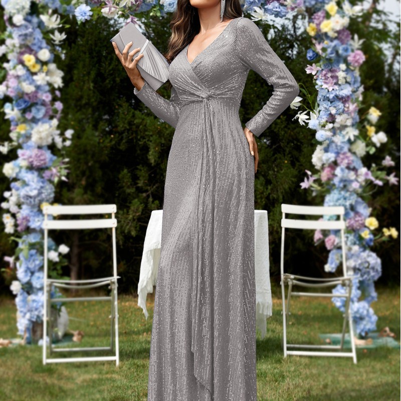 فستان سهرة نسائي جديد متعدد الألوان، بتصميم أوروبي وأمريكي، بأكمام طويلة وفتحة رقبة على شكل حرف V وقصة ذيل السمكة