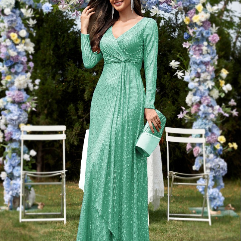 فستان سهرة نسائي جديد متعدد الألوان، بتصميم أوروبي وأمريكي، بأكمام طويلة وفتحة رقبة على شكل حرف V وقصة ذيل السمكة