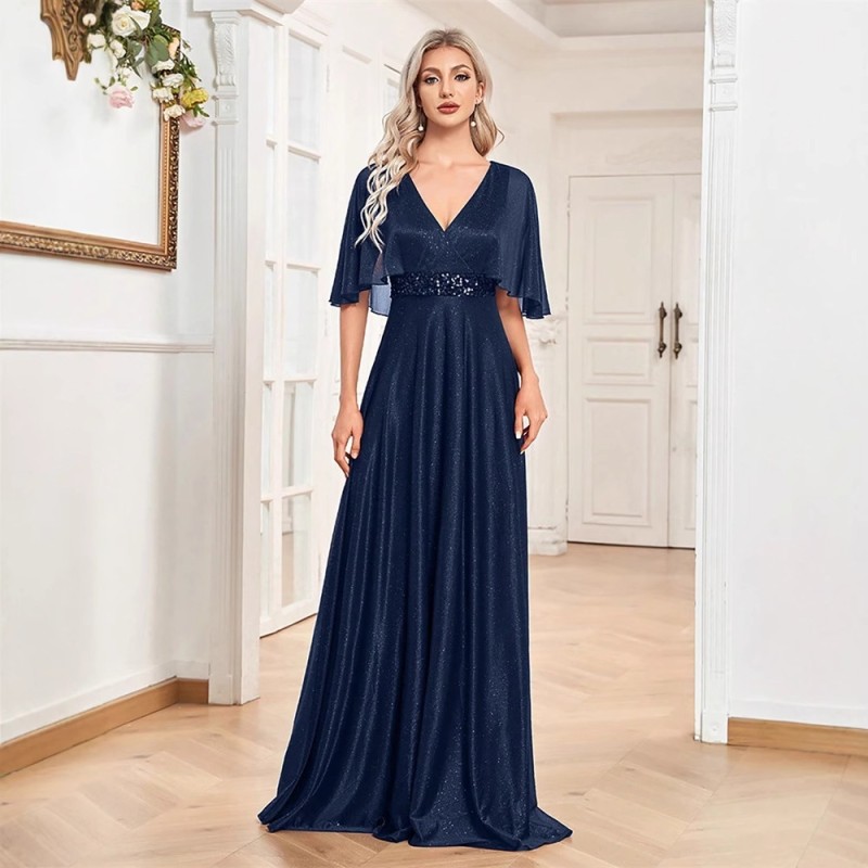 فستان جديد فستان برقبة على شكل V خط A ضيق مع ذيل سمكة فستان وصيفة الشرف فستان سهرة احتفالي بأكمام بالون