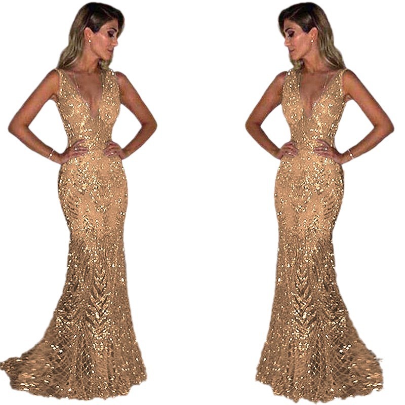 فستان سهرة طويل بدون أكمام بفتحة رقبة على شكل حرف V لمختلف المناسبات