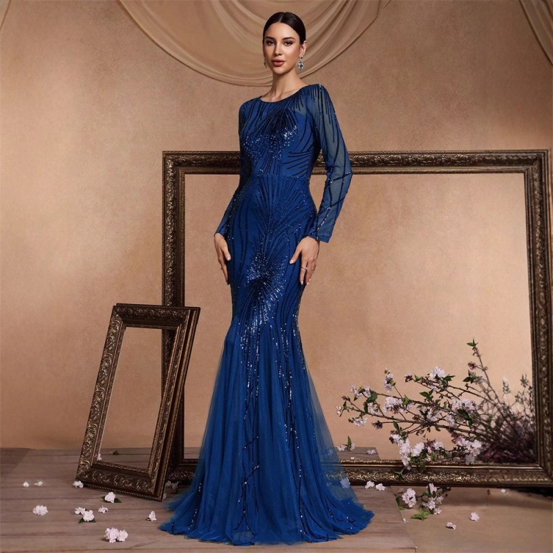 فستان طويل الأكمام بياقة دائرية وقصة ضيقة بتصميم ذيل السمكة، فستان أنيق لوصيفات العروس، فستان سهرة أنيق للنساء