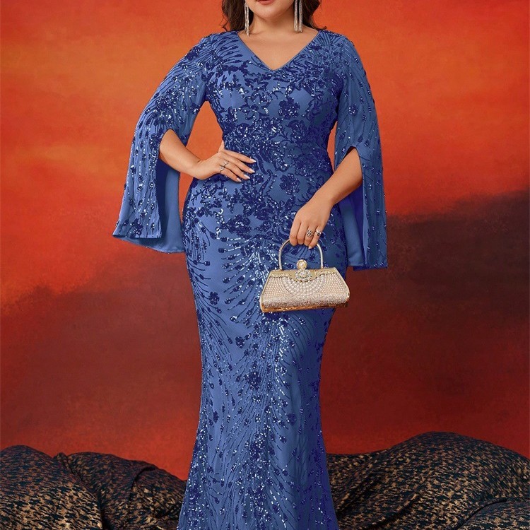 فستان سهرة جديد بمقاسات كبيرة، مزين بالترتر، بأكمام طويلة، مناسب للمناسبات الرسمية، بتصميم أنيق وقصة ضيقة وذيل سمكة