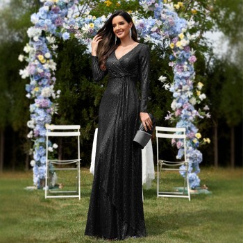 فستان سهرة نسائي جديد متعدد الألوان، بتصميم أوروبي وأمريكي، بأكمام طويلة وفتحة رقبة على شكل حرف V وقصة ذيل السمكة