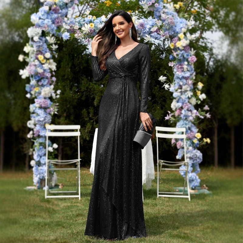 فستان سهرة نسائي جديد متعدد الألوان، بتصميم أوروبي وأمريكي، بأكمام طويلة وفتحة رقبة على شكل حرف V وقصة ذيل السمكة