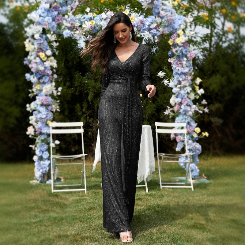 فستان سهرة نسائي جديد متعدد الألوان، بتصميم أوروبي وأمريكي، بأكمام طويلة وفتحة رقبة على شكل حرف V وقصة ذيل السمكة