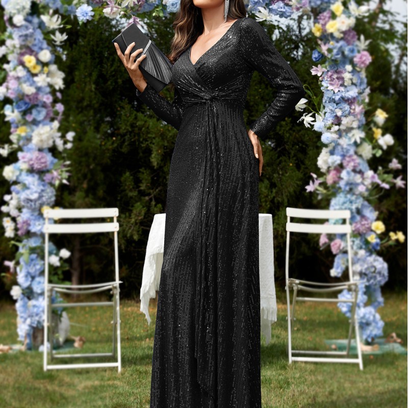 فستان سهرة نسائي جديد متعدد الألوان، بتصميم أوروبي وأمريكي، بأكمام طويلة وفتحة رقبة على شكل حرف V وقصة ذيل السمكة