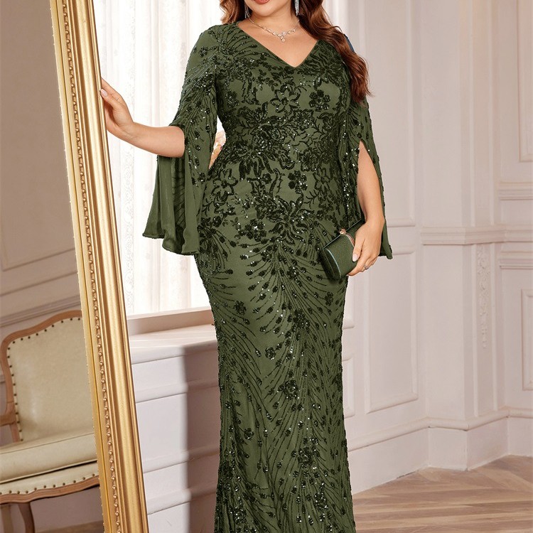 فستان سهرة جديد بمقاسات كبيرة، مزين بالترتر، بأكمام طويلة، مناسب للمناسبات الرسمية، بتصميم أنيق وقصة ضيقة وذيل سمكة