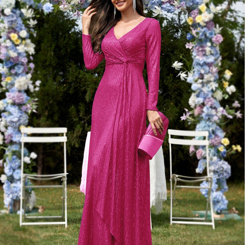 فستان سهرة نسائي جديد متعدد الألوان، بتصميم أوروبي وأمريكي، بأكمام طويلة وفتحة رقبة على شكل حرف V وقصة ذيل السمكة