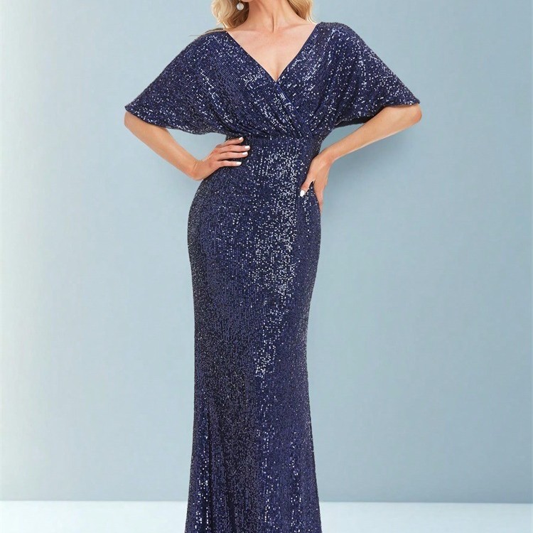 فستان جديد مثير طويل بأكمام قصيرة وفتحة رقبة على شكل حرف V مزين بالخرز